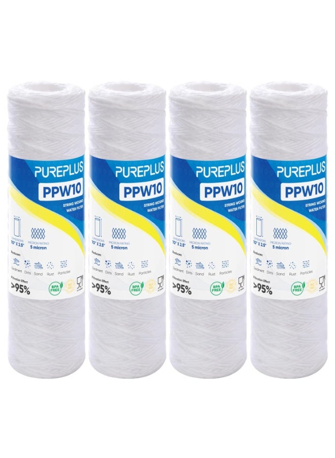 Pure Plus 5 Micron 10"x2.5" Whole House String Wound Sediment Filter for Well Water, Replacement Cartridge for Universal 10 inch RO System, 4 Pack - Image 1